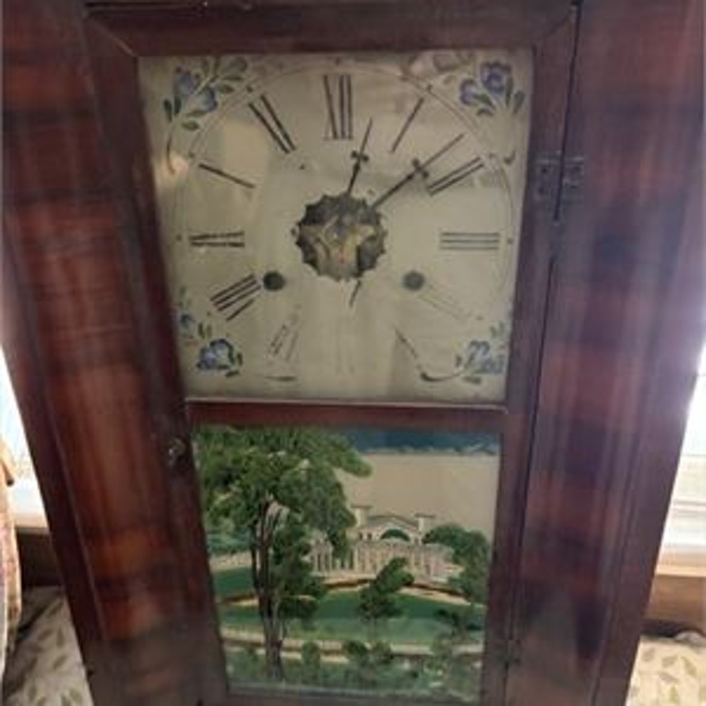Antique Jerome & Co Ogee Shelf Clock Wood Case Reverse Painted Glass Landscape